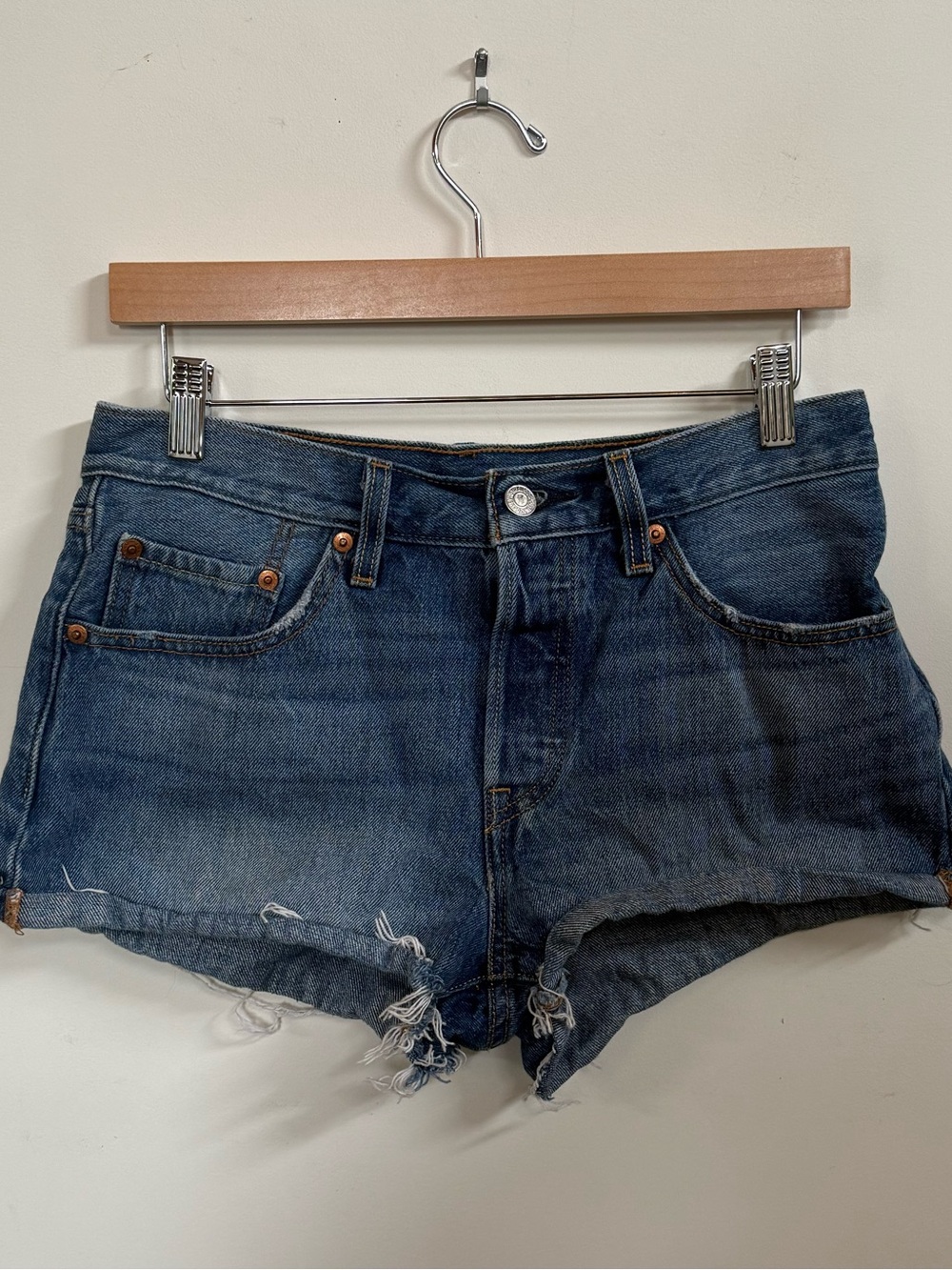 Levis Distressed Dark Blue Denim Cutoff Shorts